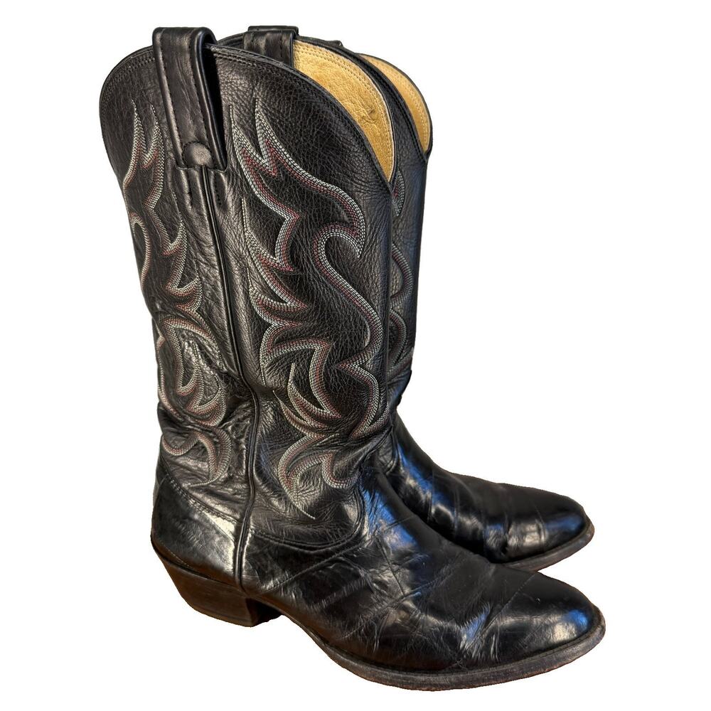 Nocona Cowboy Boots Mens 7.5D Black Eel Leather Vintage Western Embroidered